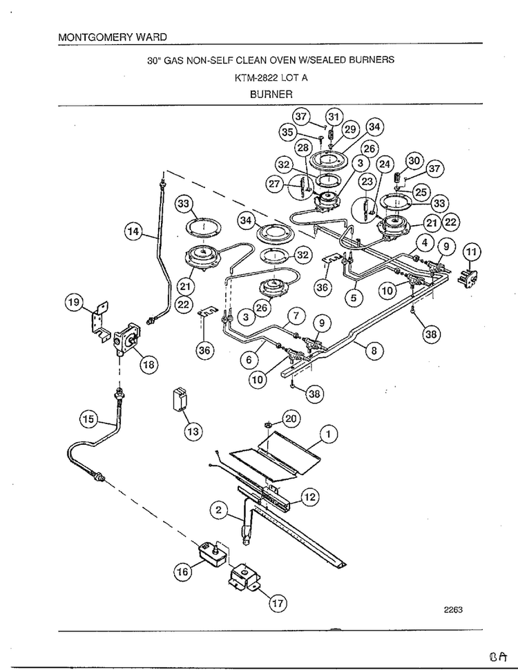 Burner Diagram and Parts List for 2822A  Frigidaire Range