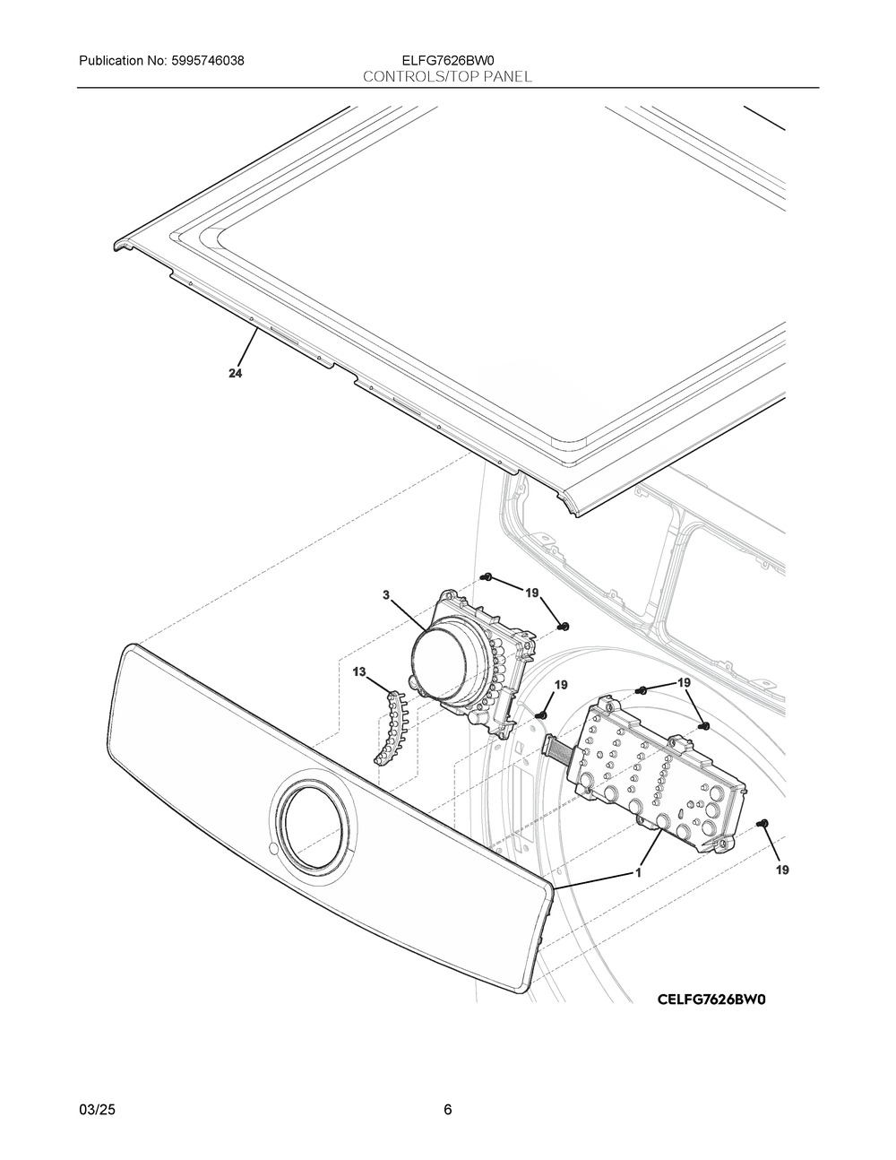 Controls/Top Panel Diagram and Parts List for ELFG7626BW0  Frigidaire Dryer