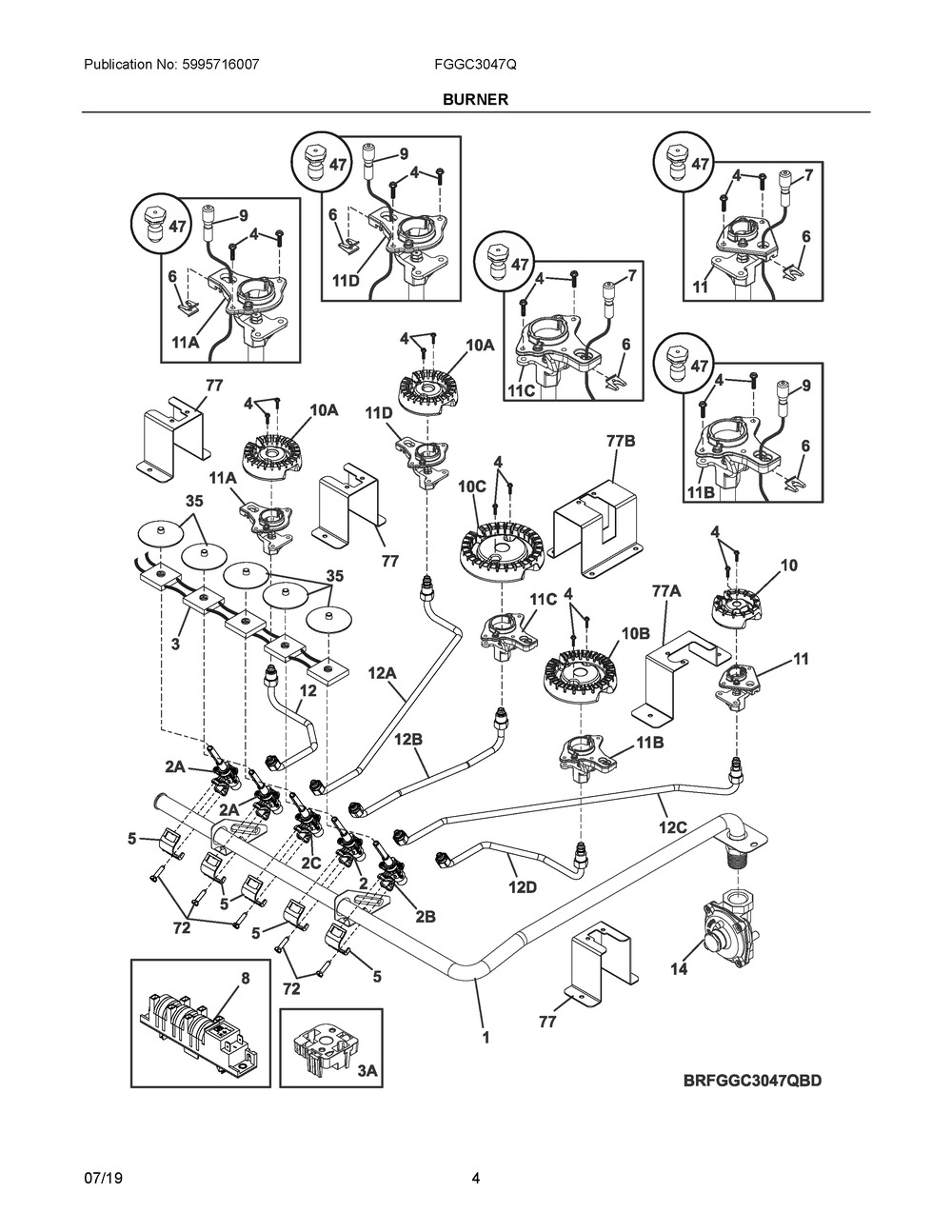 Burner Diagram and Parts List for FGGC3047QWF  Frigidaire Cooktop
