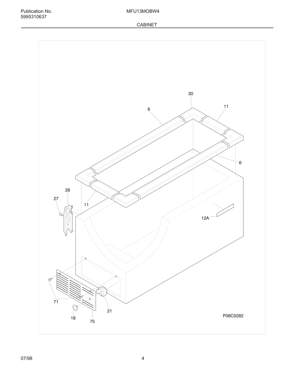 Cabinet Diagram and Parts List for MFU13MOBW4  Frigidaire Freezer