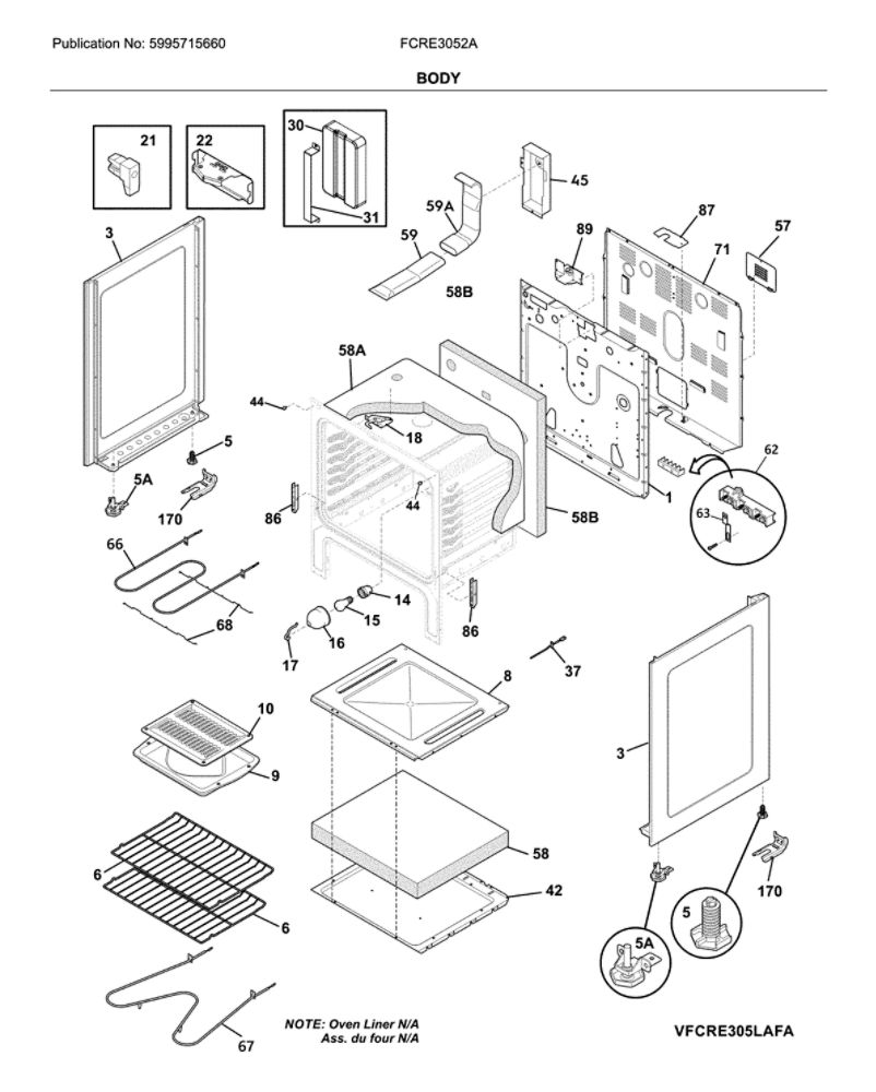 Body Diagram and Parts List for FCRE3052ABA  Frigidaire Range