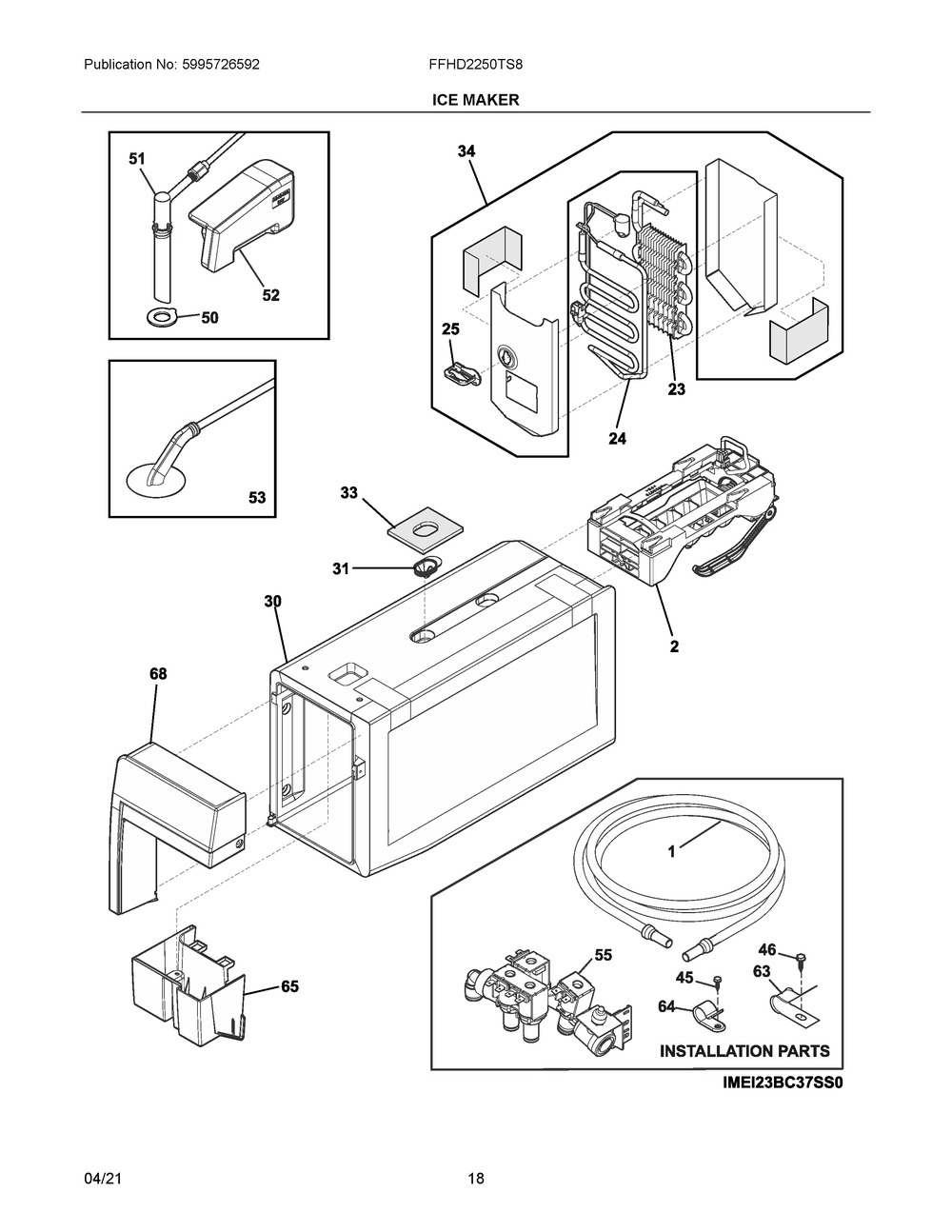 Ice Maker Diagram and Parts List for FFHD2250TS8  Frigidaire Refrigerator