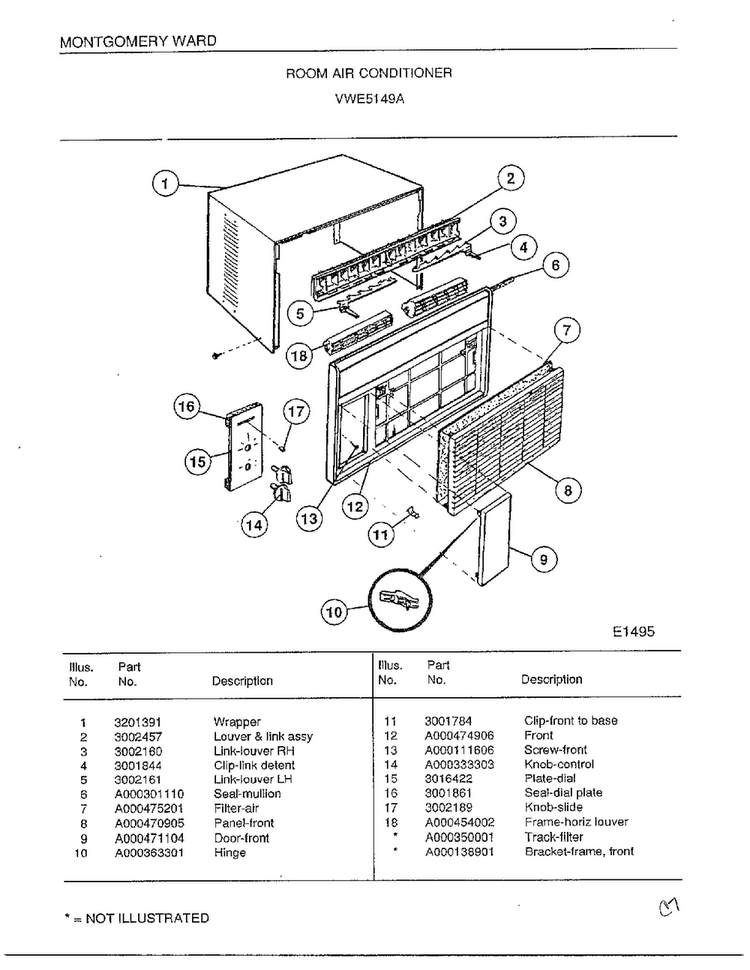 Room Air Conditioner Diagram and Parts List for 5149A  Frigidaire Air Conditioner