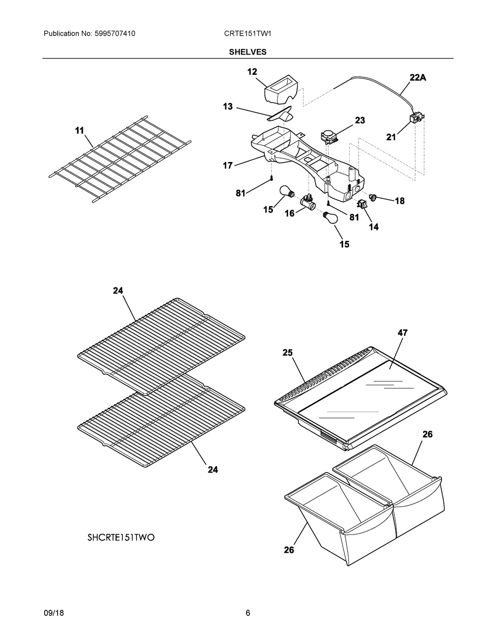 Shelves Diagram and Parts List for CRTE151TW1  Frigidaire Refrigerator