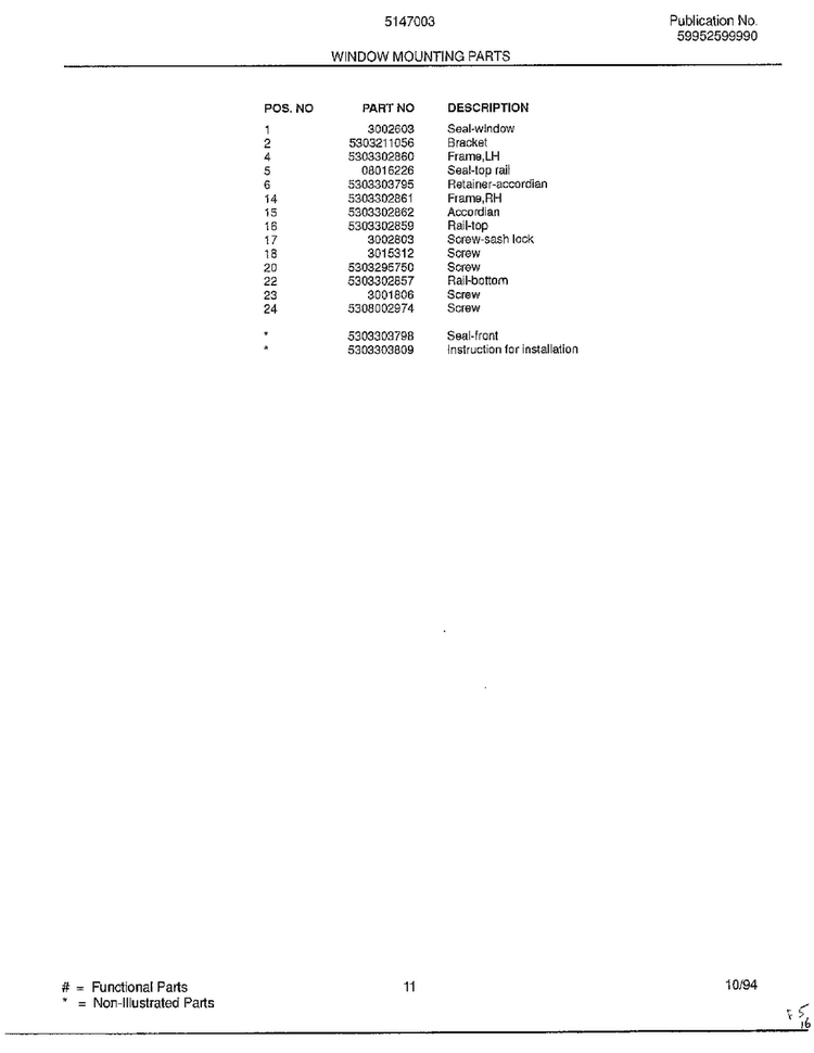 Window Mounting Parts Page 2 Diagram and Parts List for 5147003  Frigidaire Air Conditioner