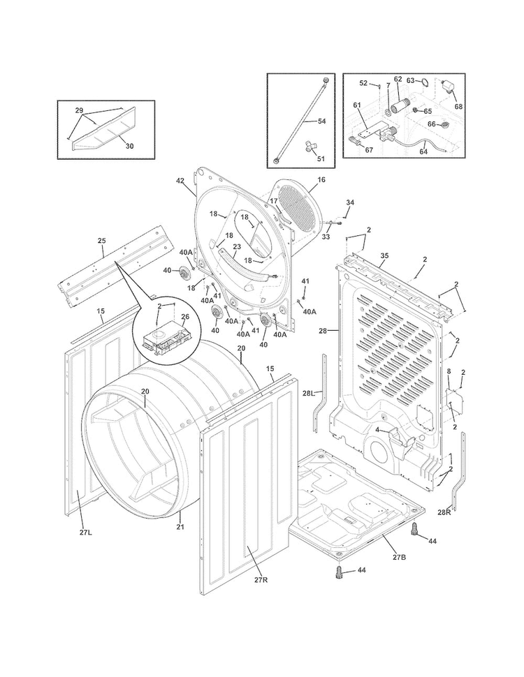 Cabinet/drum Diagram and Parts List for FASE7021NW2  Frigidaire Dryer