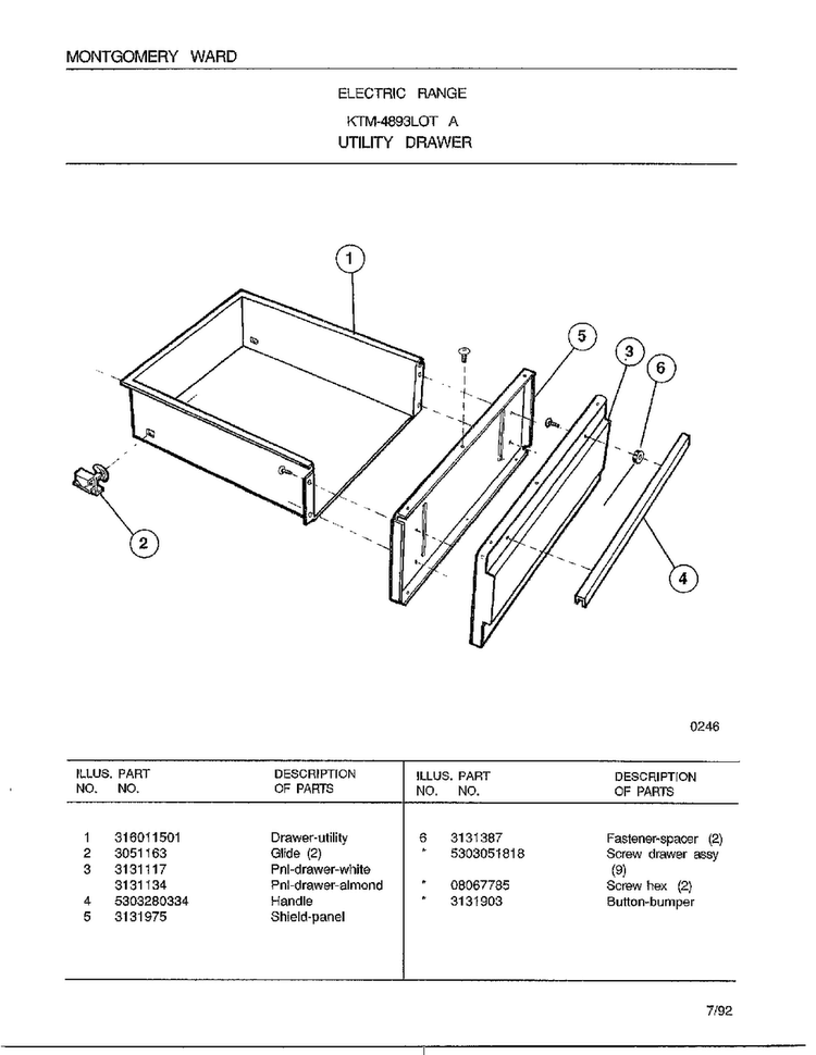 Utility Drawer Diagram and Parts List for 4893A  Frigidaire Range