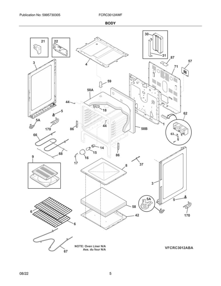 Body Diagram and Parts List for FCRC3012AWF  Frigidaire Range