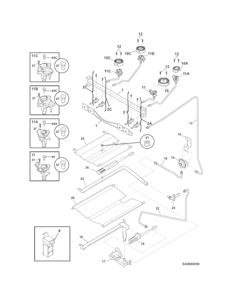 Burner Diagram and Parts List for FFGF3053LSJ  Frigidaire Range