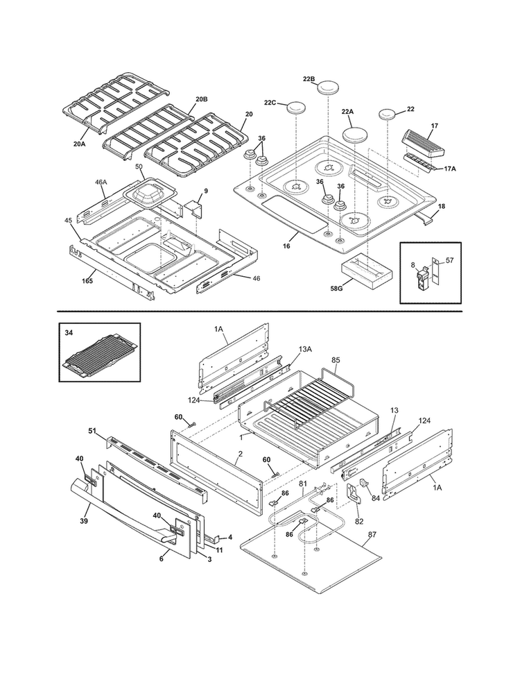 Top/drawer Diagram and Parts List for EI30GS5CJSD  Electrolux Range