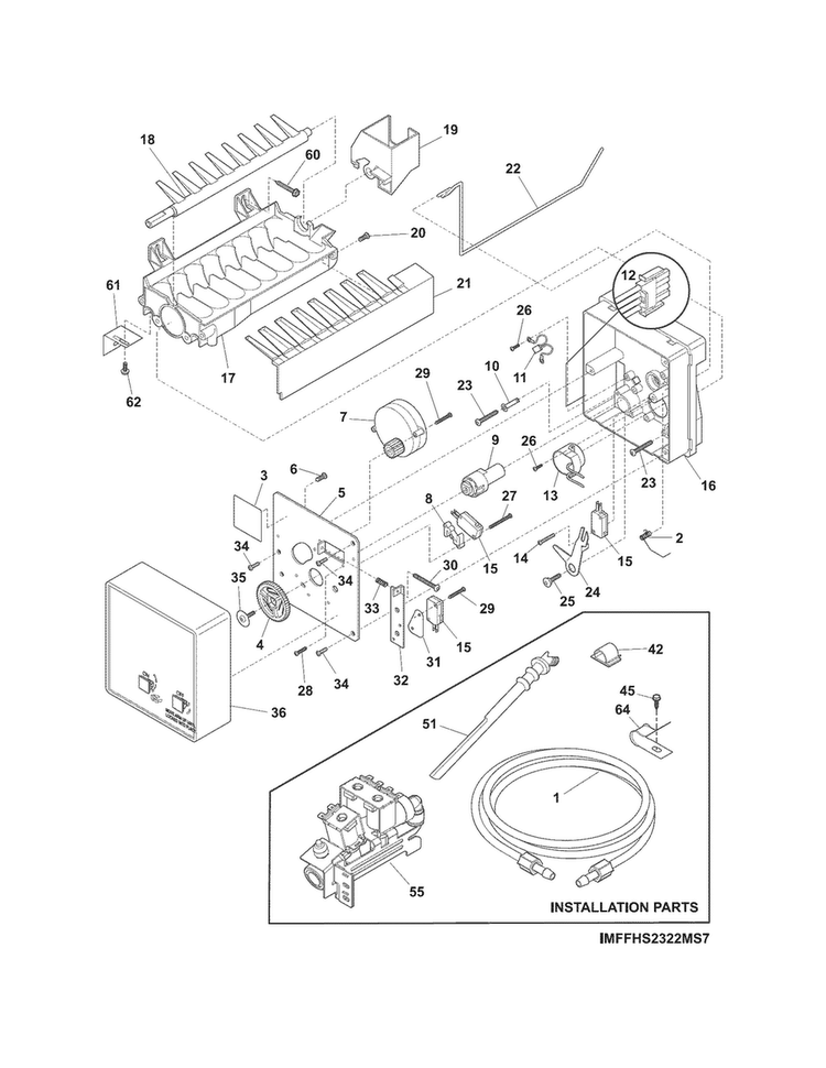 Ice Maker Diagram and Parts List for FFHS2313LPB  Frigidaire Refrigerator