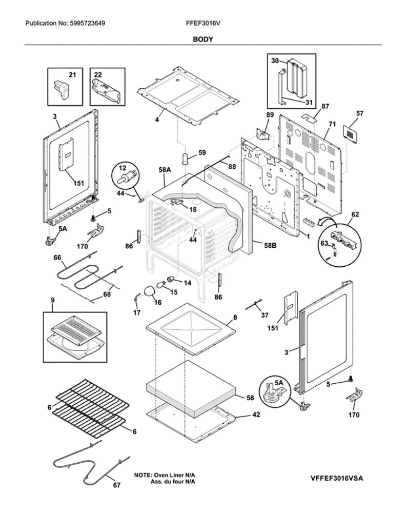 Body Diagram and Parts List for FFEF3016VBC  Frigidaire Range