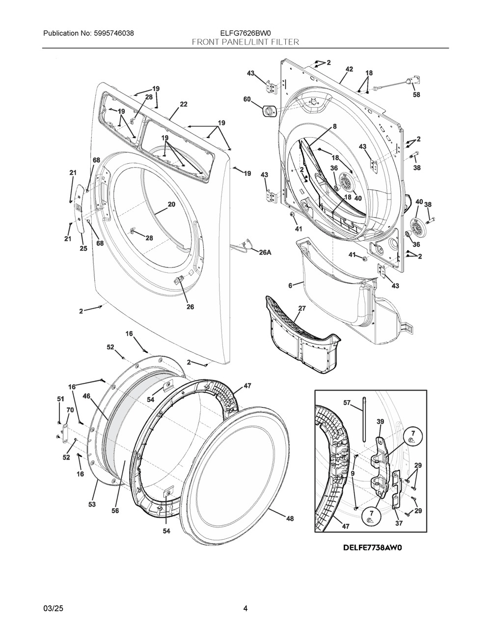 Front Panel/Lint Filter Diagram and Parts List for ELFG7626BW0  Frigidaire Dryer