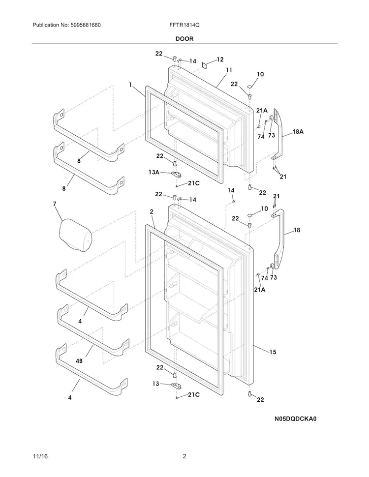 Door Diagram and Parts List for FFTR1814QW6B  Frigidaire Refrigerator