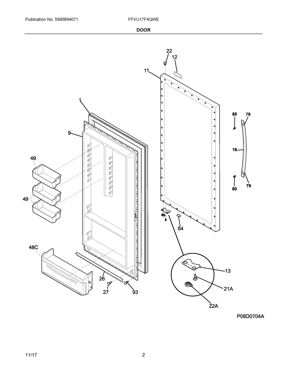 Door Diagram and Parts List for FFVU17F4QWE  Frigidaire Freezer