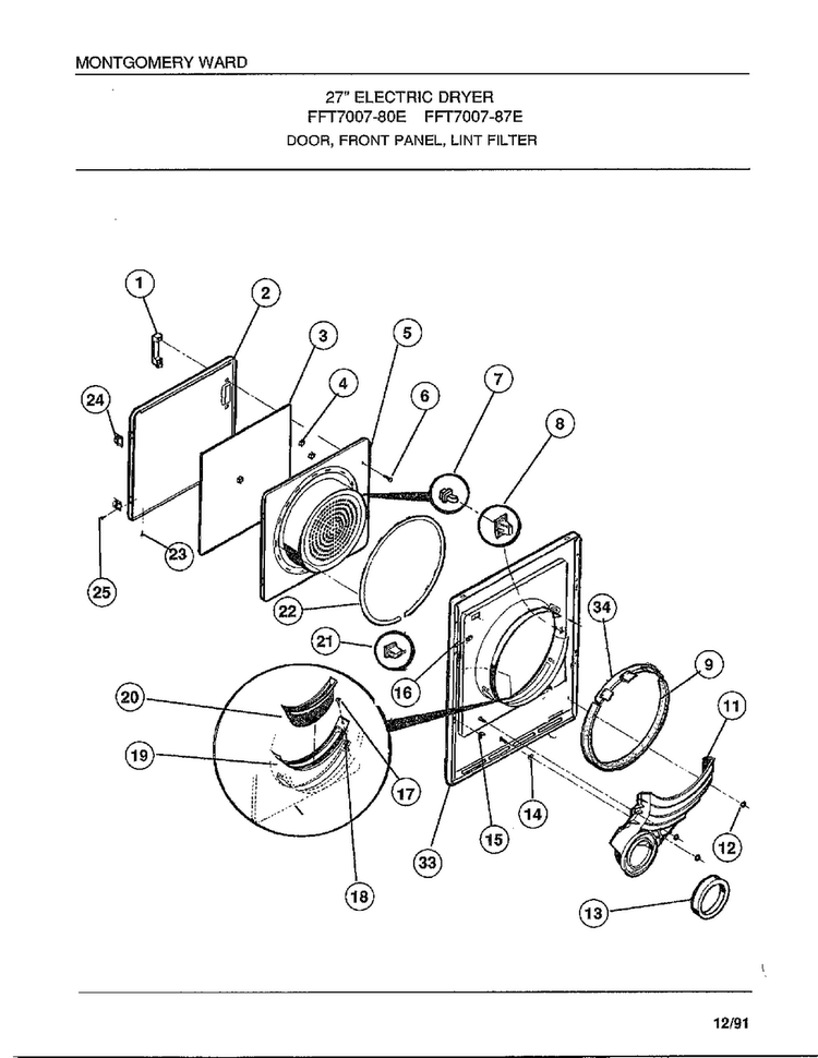 Door/front Panel/lint Filter Diagram and Parts List for 7007-87E  Frigidaire Dryer