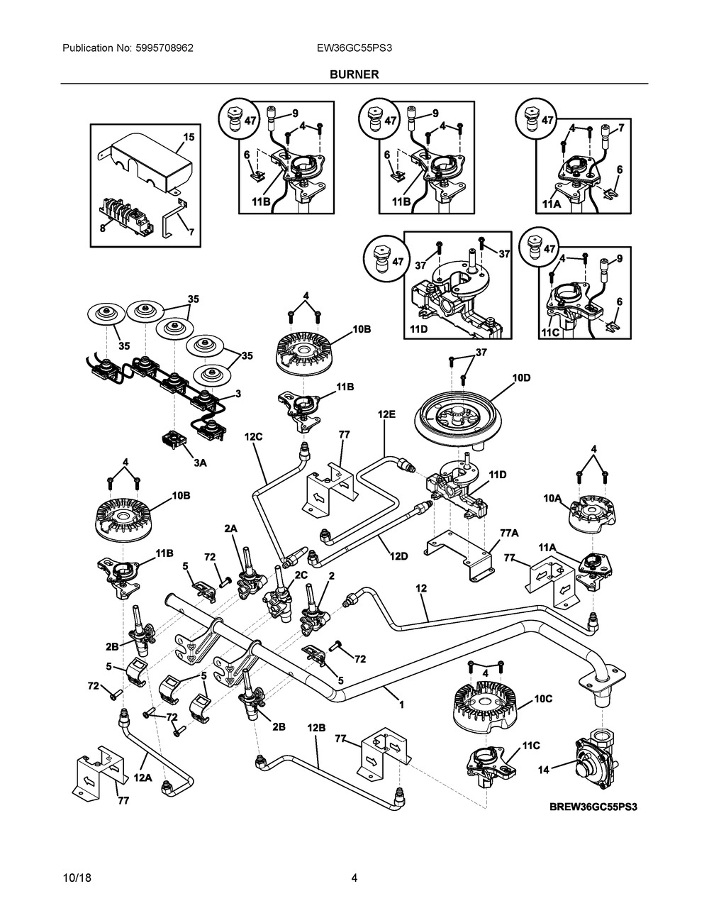 Burner Diagram and Parts List for EW36GC55PS3  Frigidaire Cooktop