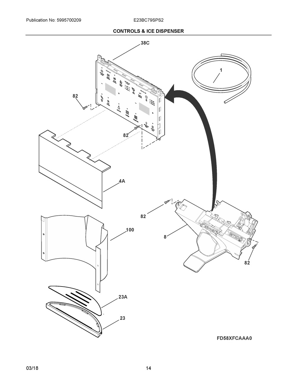 Controls & Ice Dispenser Diagram and Parts List for E23BC79SPS2  Frigidaire Refrigerator
