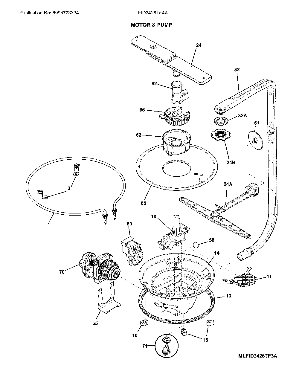 Motor & pump Diagram and Parts List for LFID2426TF4A  Frigidaire Dishwasher