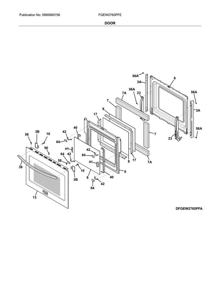 Door Diagram and Parts List for FGEW2765PFE  Frigidaire Wall Oven