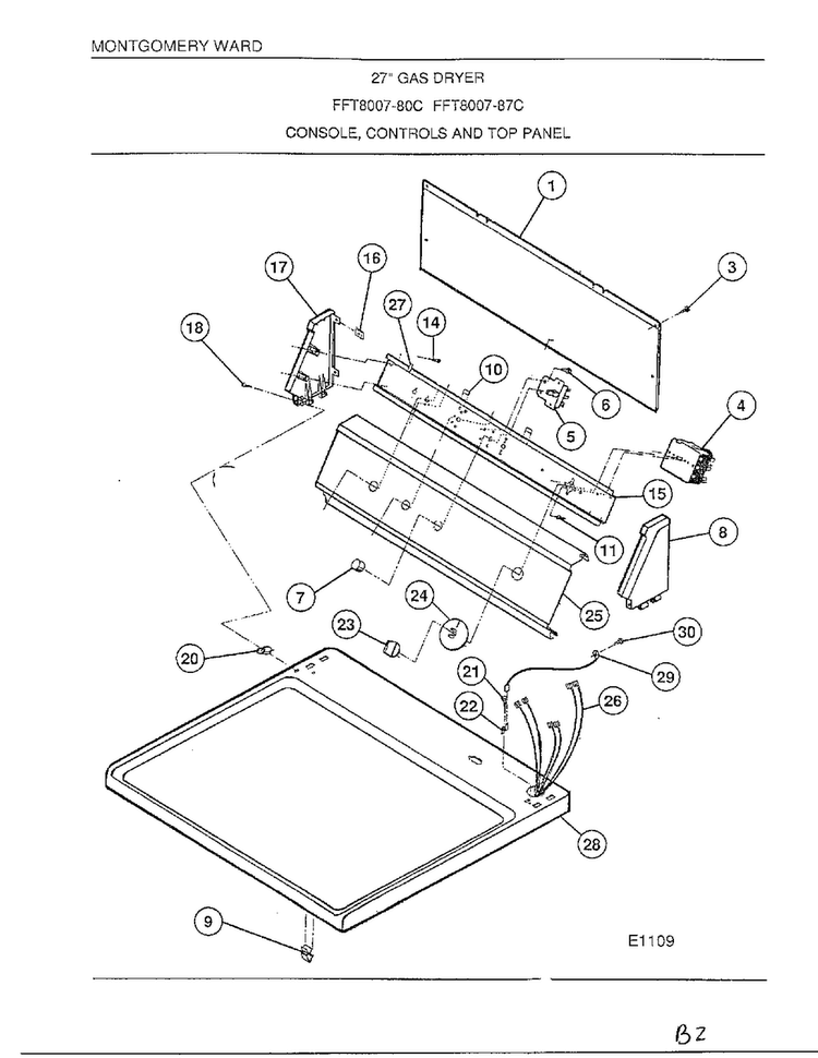 Console/controls/top Panel Diagram and Parts List for 8007-80C  Frigidaire Dryer