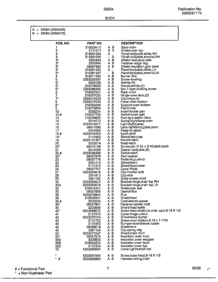 Body Page 2 Diagram and Parts List for 285847B  Frigidaire Range