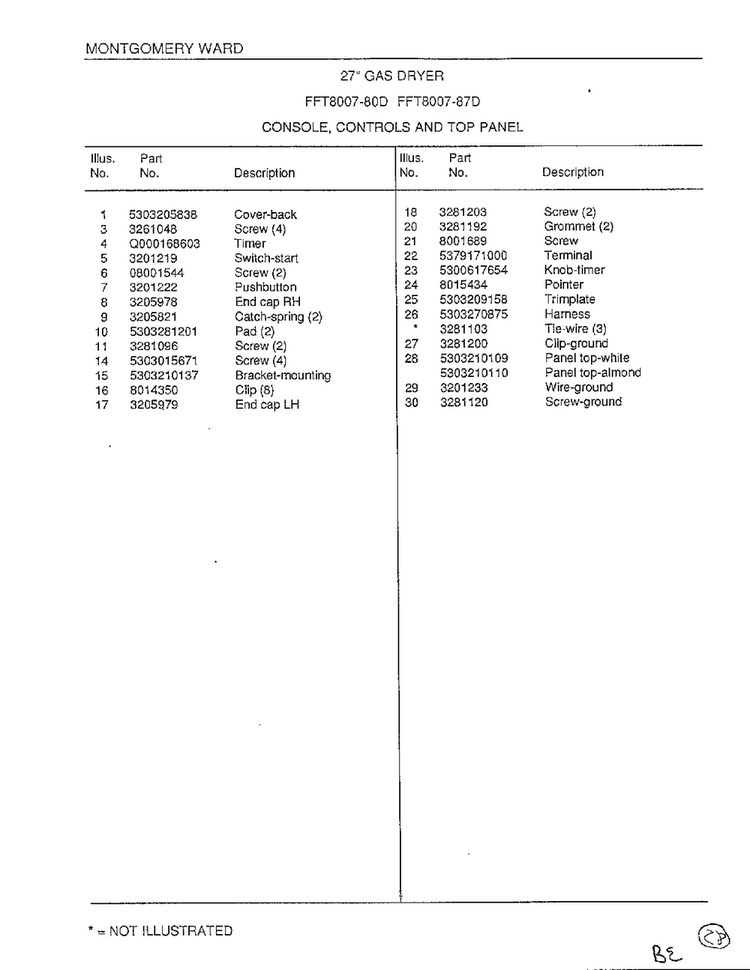 Console/controls/top Panel Page 2 Diagram and Parts List for 8007-87D  Frigidaire Dryer