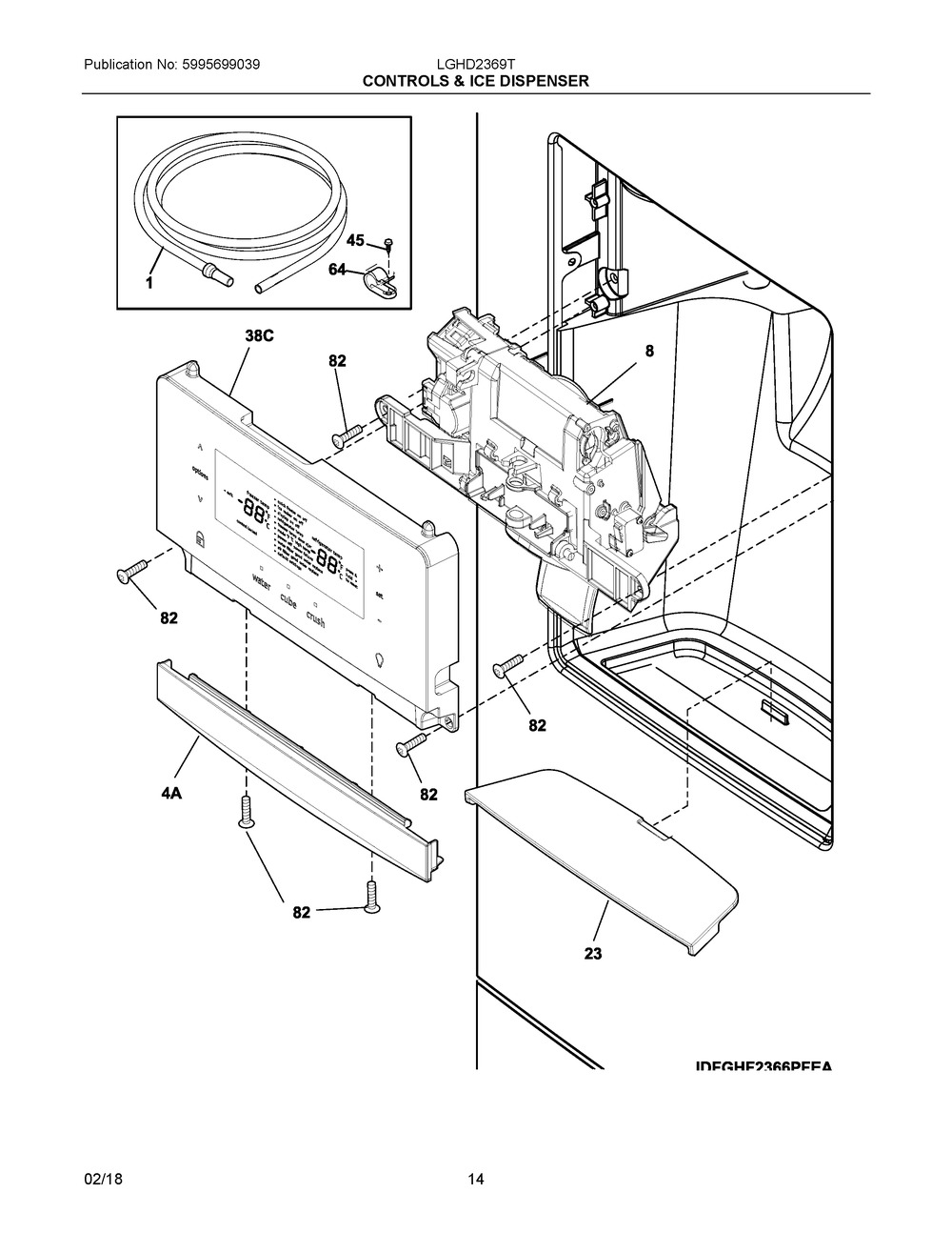 Controls & Ice Dispenser Diagram and Parts List for LGHD2369TD3  Frigidaire Refrigerator