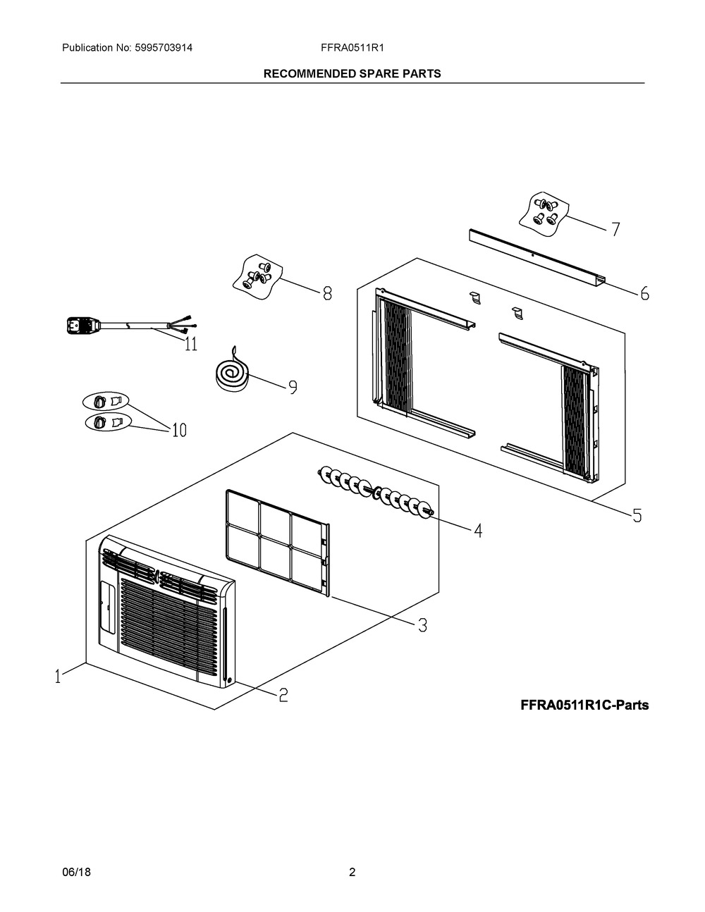 Recommended Spare Parts Diagram and Parts List for FFRA0511R1C  Frigidaire Air Conditioner