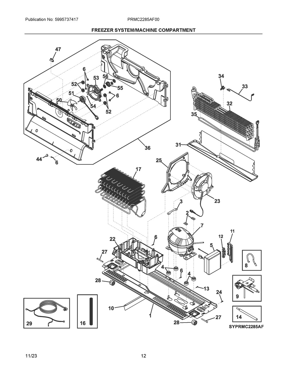 Freezer System/Machine Compartment Diagram and Parts List for PRMC2285AF00  Frigidaire Refrigerator