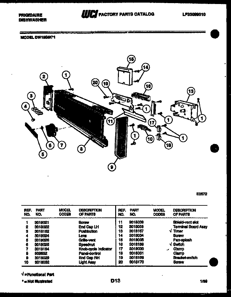 CONSOLE AND CONTROL PARTS Diagram and Parts List for DW1805KF1  Frigidaire Dishwasher