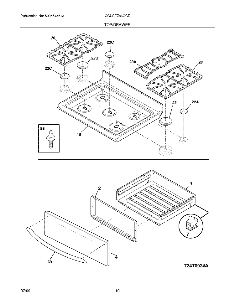 TOP/DRAWER Diagram and Parts List for CGLGFZ86GCE  Frigidaire Range