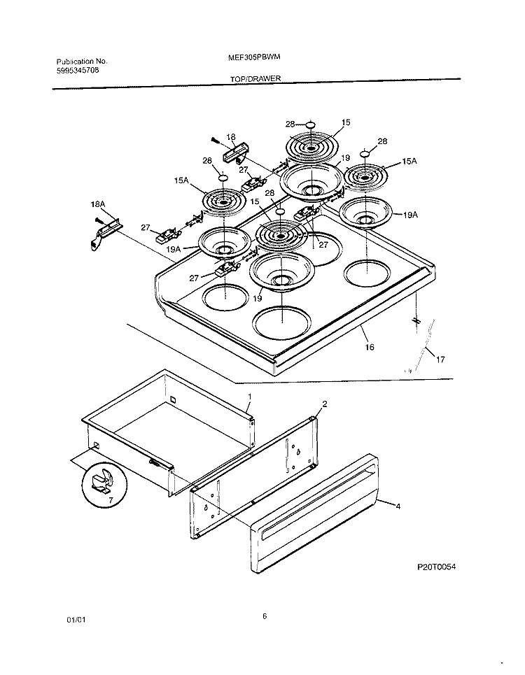 TOP / DRAWER Diagram and Parts List for MEF305PBWM  Uni Range