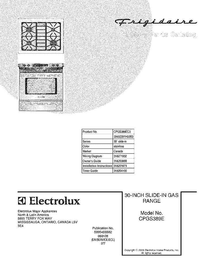 COVER Diagram and Parts List for CPGS389EC3  Frigidaire Range