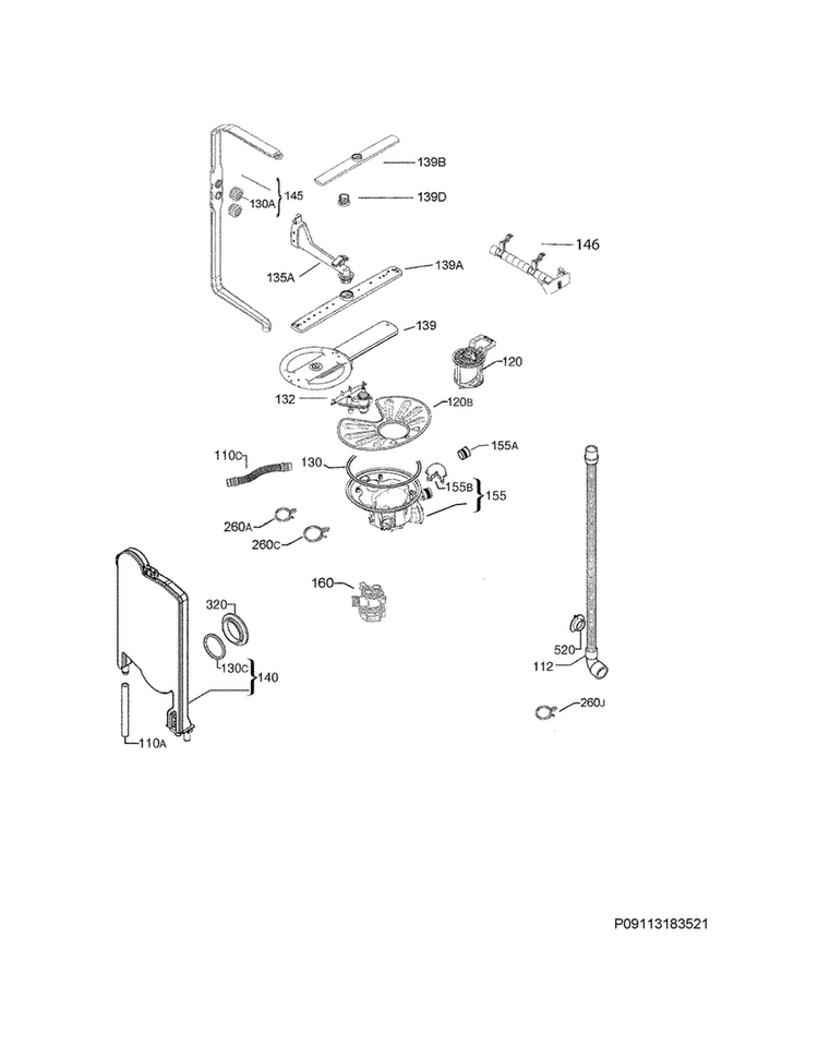 Wash System Diagram and Parts List for EI24ID50QS1A  Electrolux Dishwasher