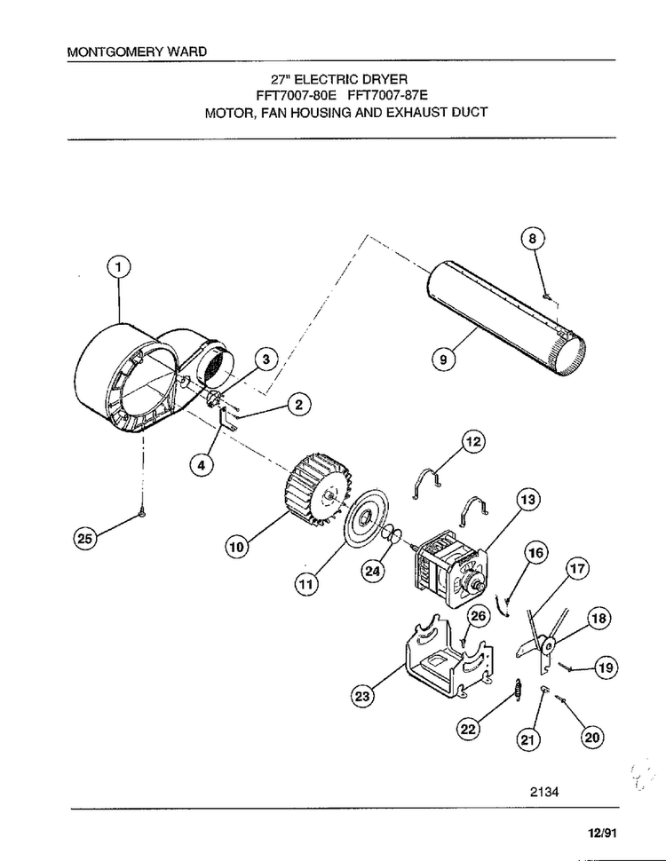 Motor/fan Housing And Exhaust Duct Diagram and Parts List for 7007-87E  Frigidaire Dryer
