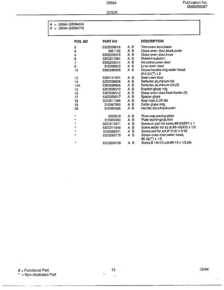 Door Page 2 Diagram and Parts List for 285847A  Frigidaire Range