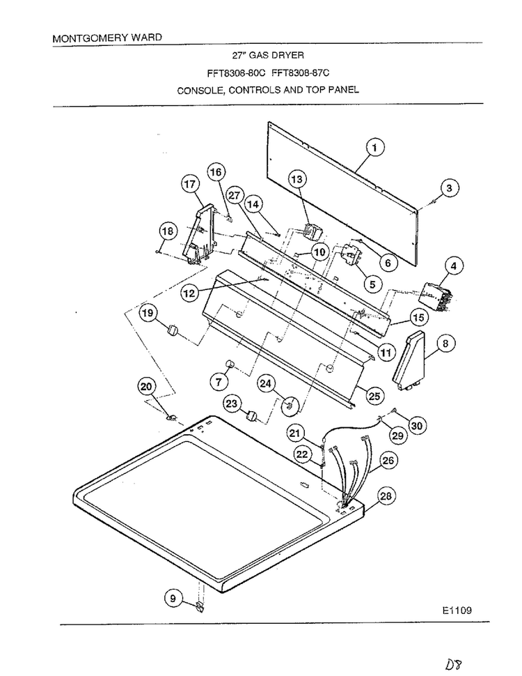 Console/controls/top Panel Diagram and Parts List for 8308-87C  Frigidaire Dryer