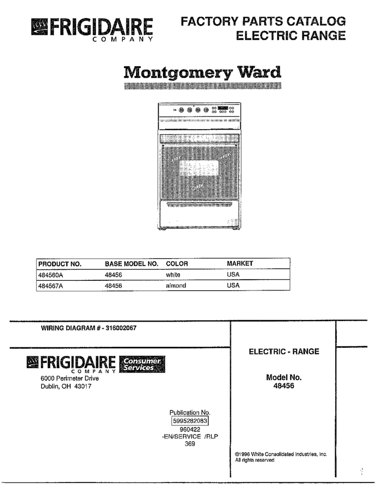 Electric Range Front Cover Diagram and Parts List for 484560A  Frigidaire Range