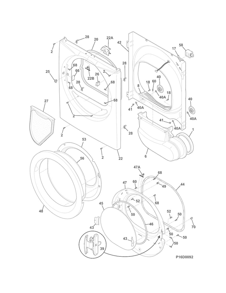 Front Panel/lint Filter Diagram and Parts List for FFQE5000QW1  Frigidaire Dryer