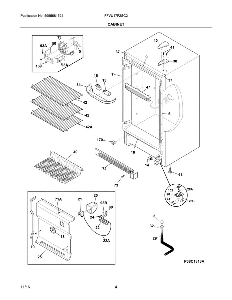 Cabinet Diagram and Parts List for FFVU17F2SC2  Frigidaire Freezer