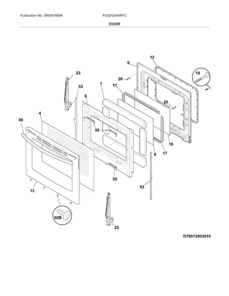 Door Diagram and Parts List for FGGF3045RFC  Frigidaire Range