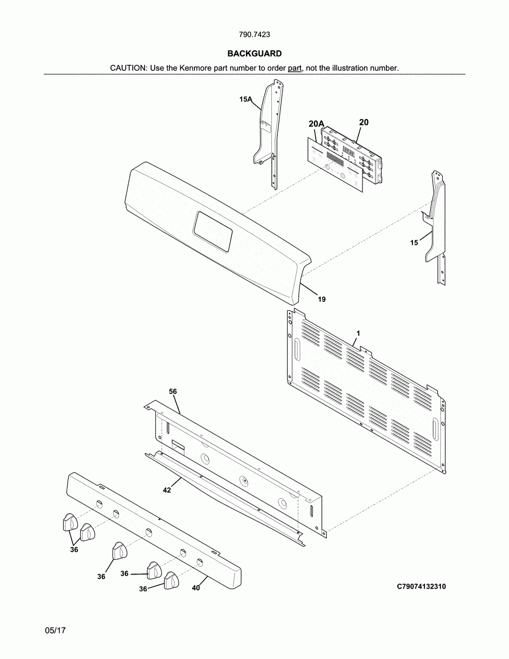 Backguard Diagram and Parts List for 79074232314  Kenmore Range