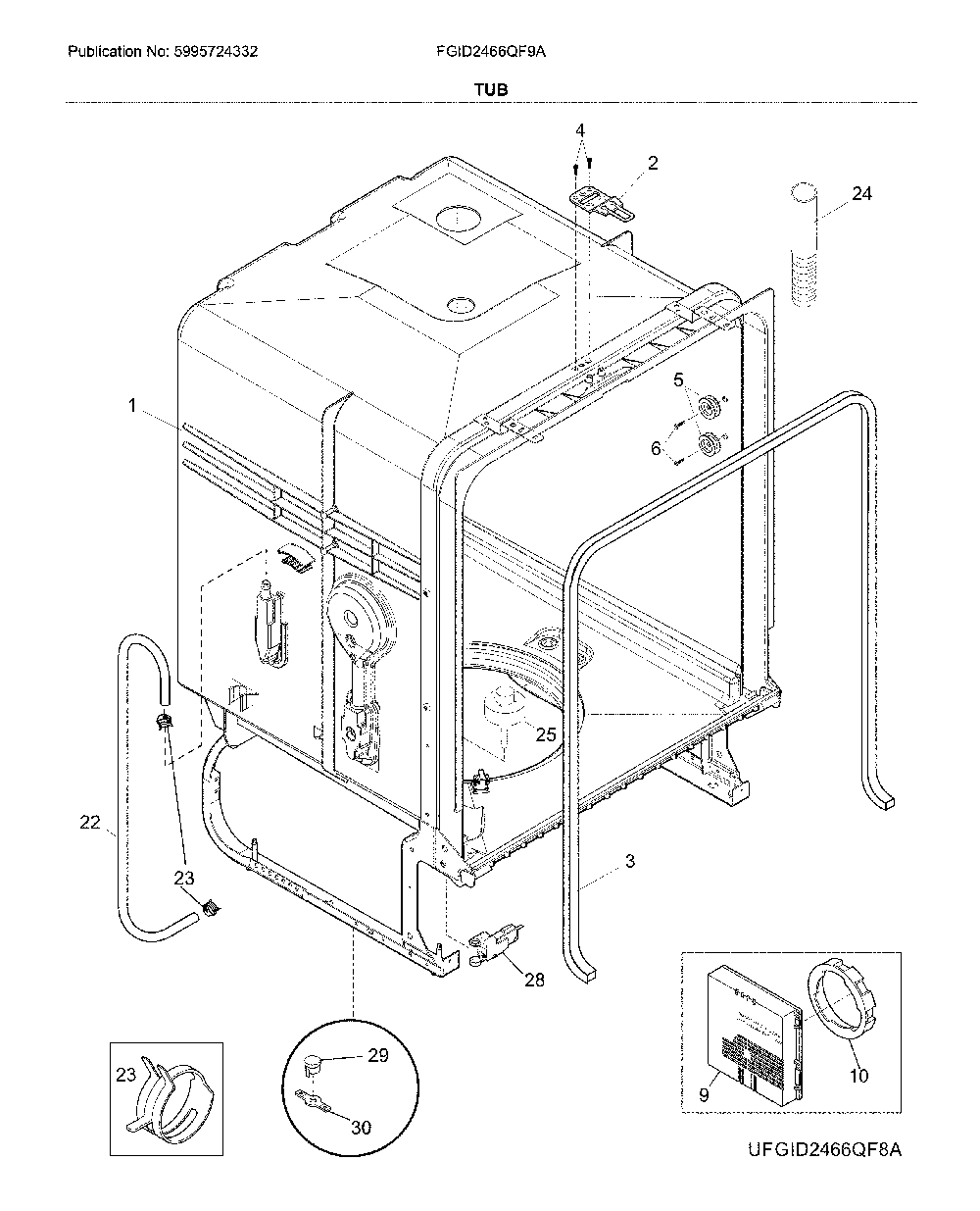 Tub Diagram and Parts List for FGID2466QF9A  Frigidaire Dishwasher