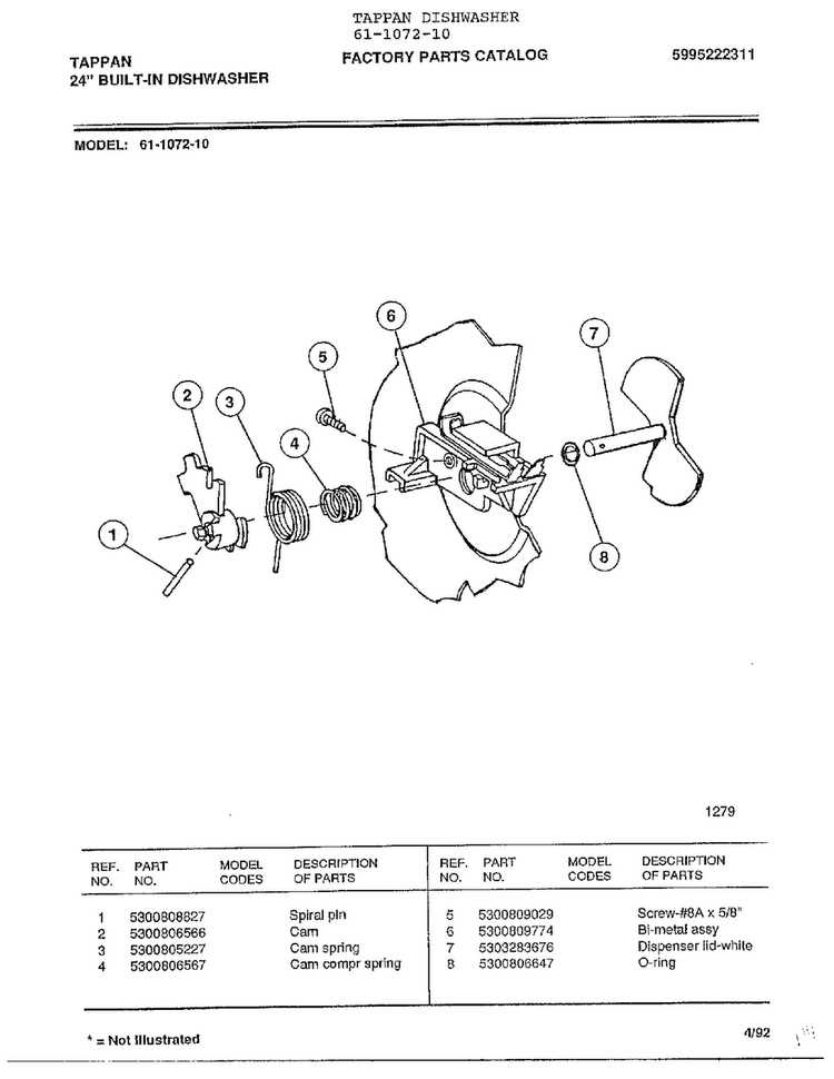 24" Built-in Dishwasher Diagram and Parts List for 61-1072-10  Frigidaire Dishwasher