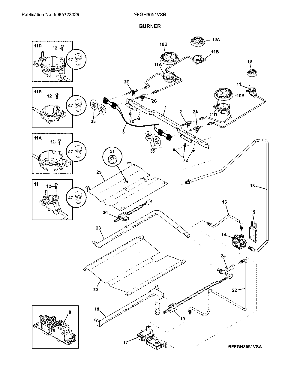 Burner Diagram and Parts List for FFGH3051VSB  Frigidaire Range
