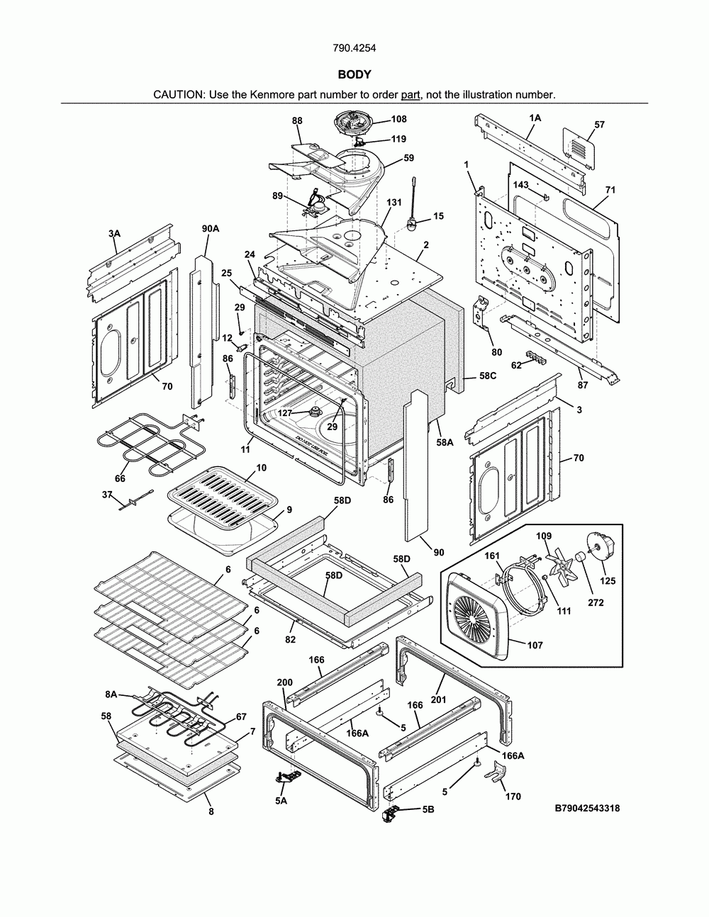 Body Diagram and Parts List for 79042543318  Kenmore Range