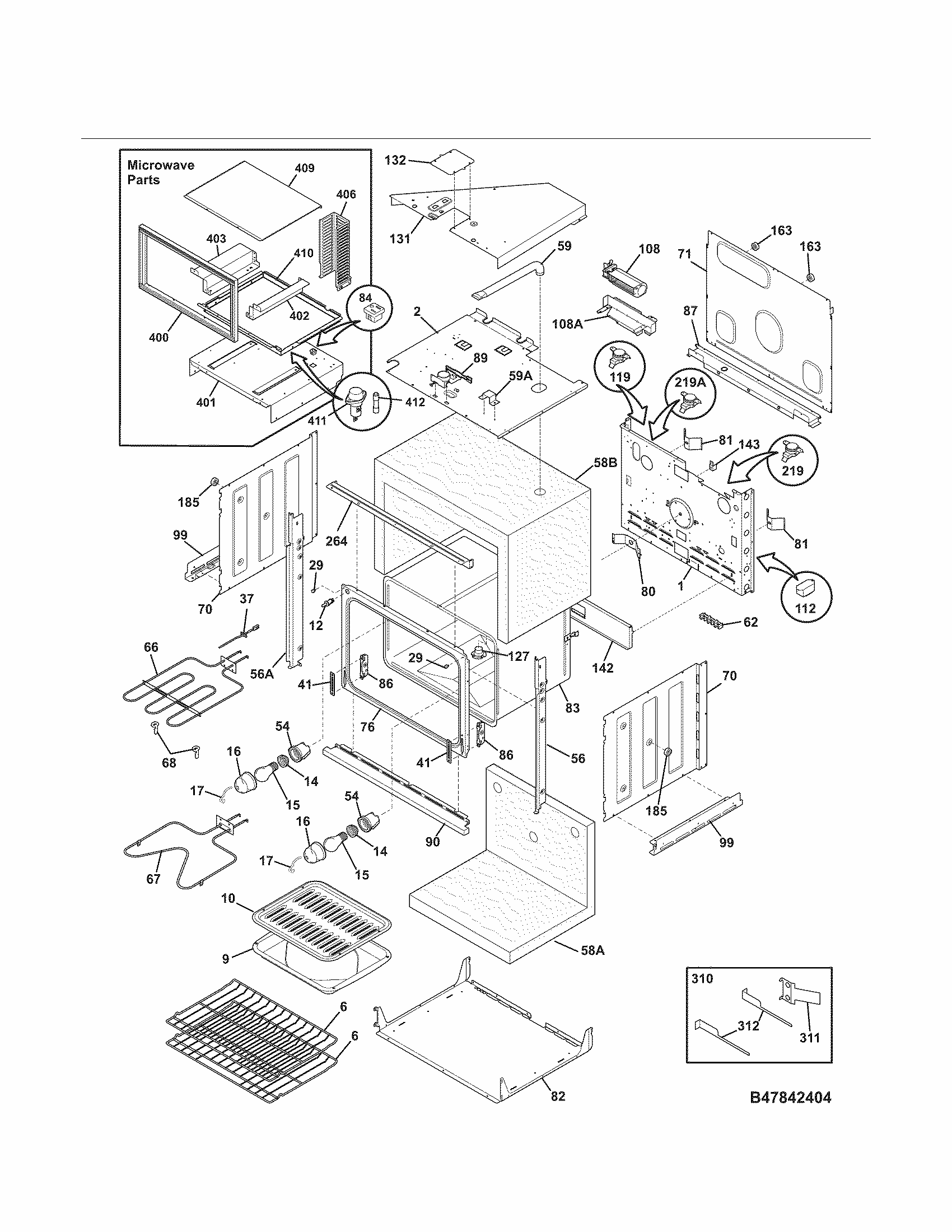Lower Oven Diagram and Parts List for 79047844408  Kenmore Microwave