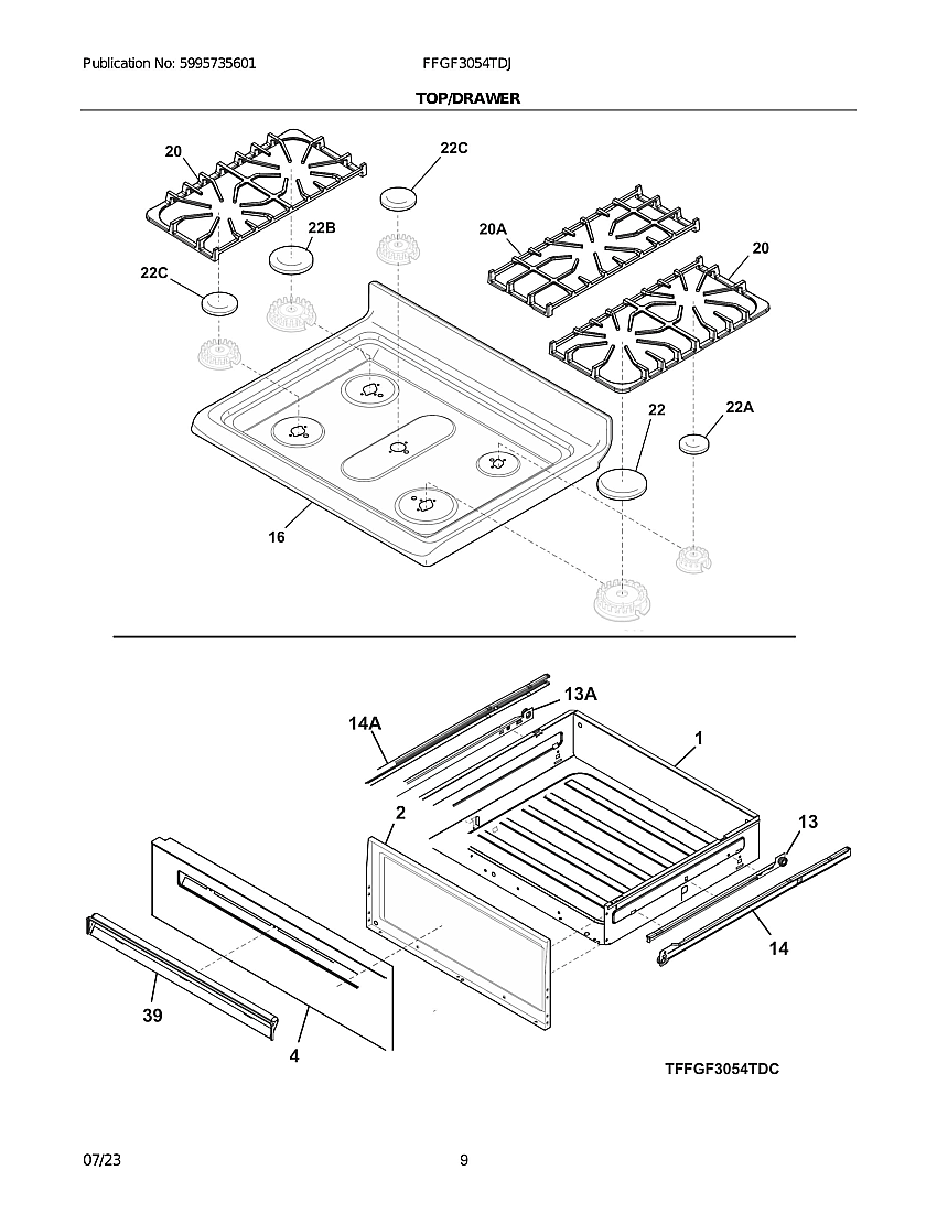 Top/Drawer Diagram and Parts List for FFGF3054TDJ  Frigidaire Range