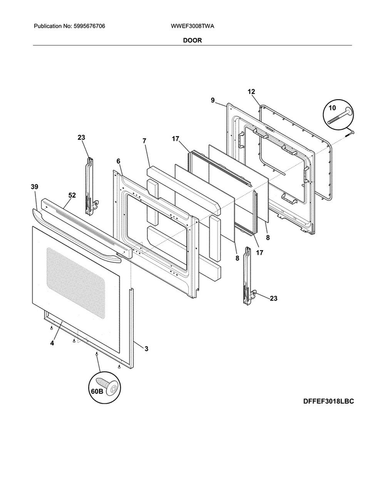 Door Diagram and Parts List for WWEF3008TWA  Westinghouse Range